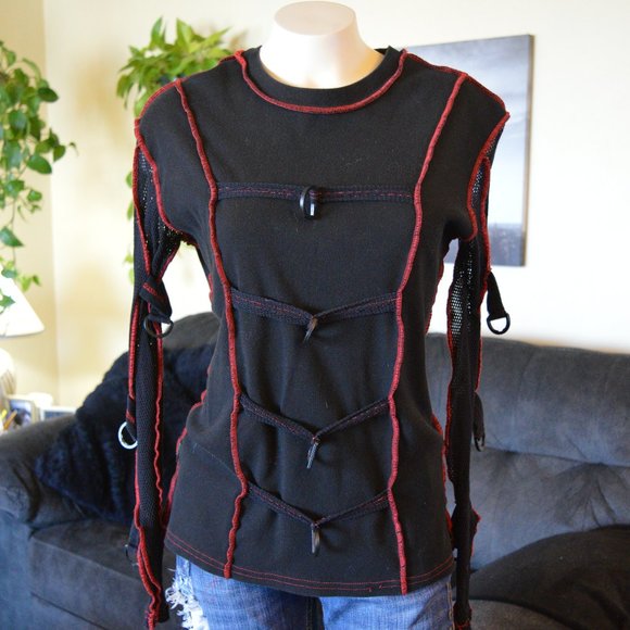 Serious Tops - Vintage Y2K Serious Brand Fishnet Goth D Ring Long Sleeve Top Shirt